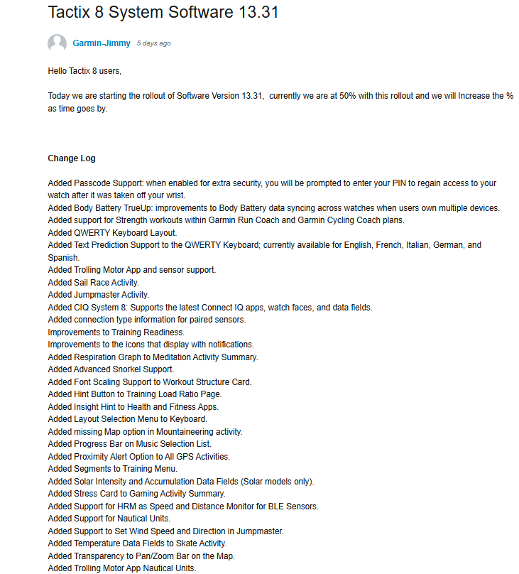 Tactix 8 software update v13.31 changelog
